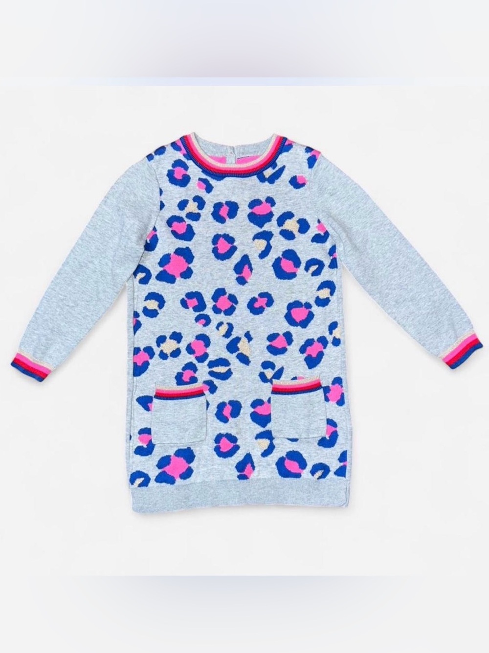Mini Boden Girls Gray Leopard Knit Sweater Dress Pockets Size 6-7Y